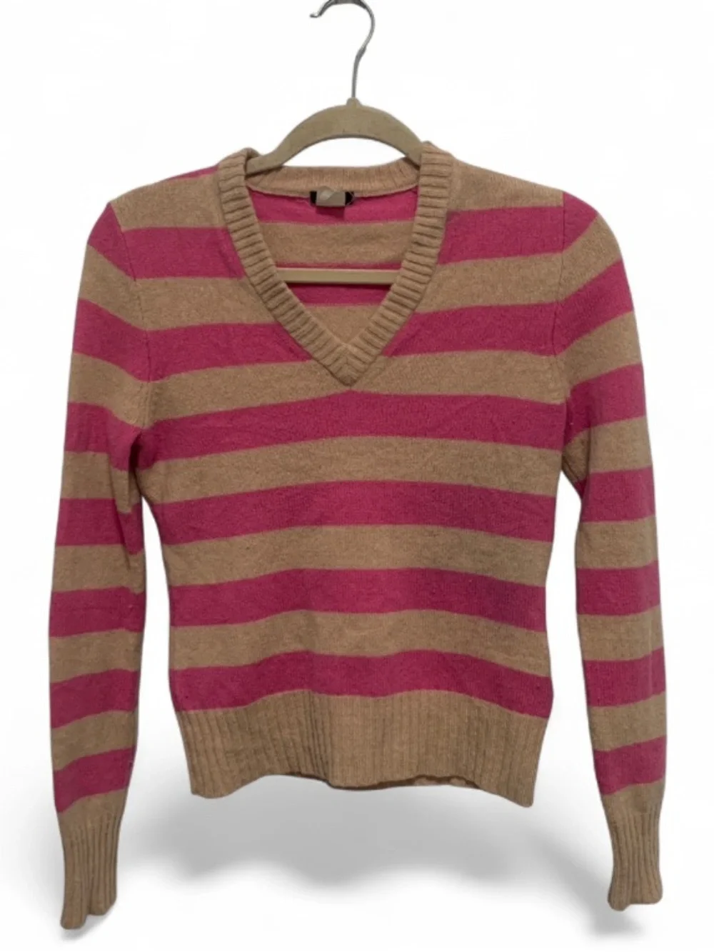 Y2K J. Crew Pink and Tan Striped V-Neck Wool Sweater
